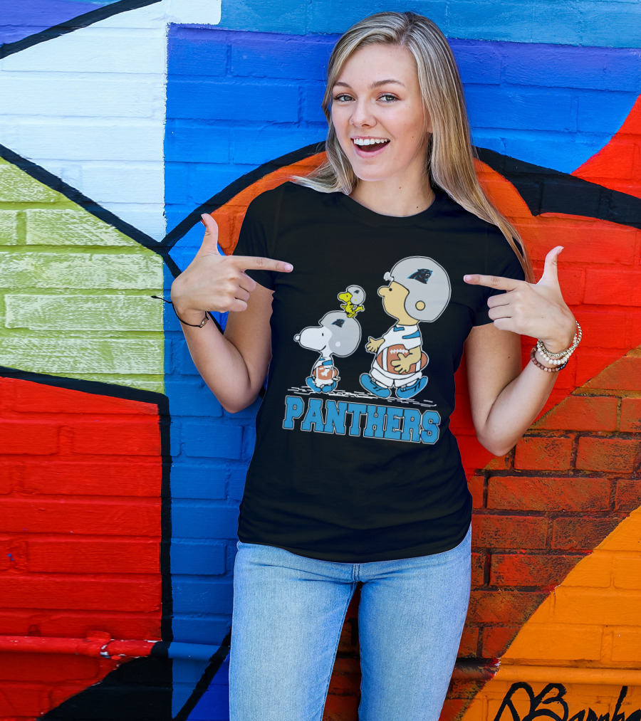 Snoopy And Woodstock With Carolina Panthers Football Helmets T-Shirt