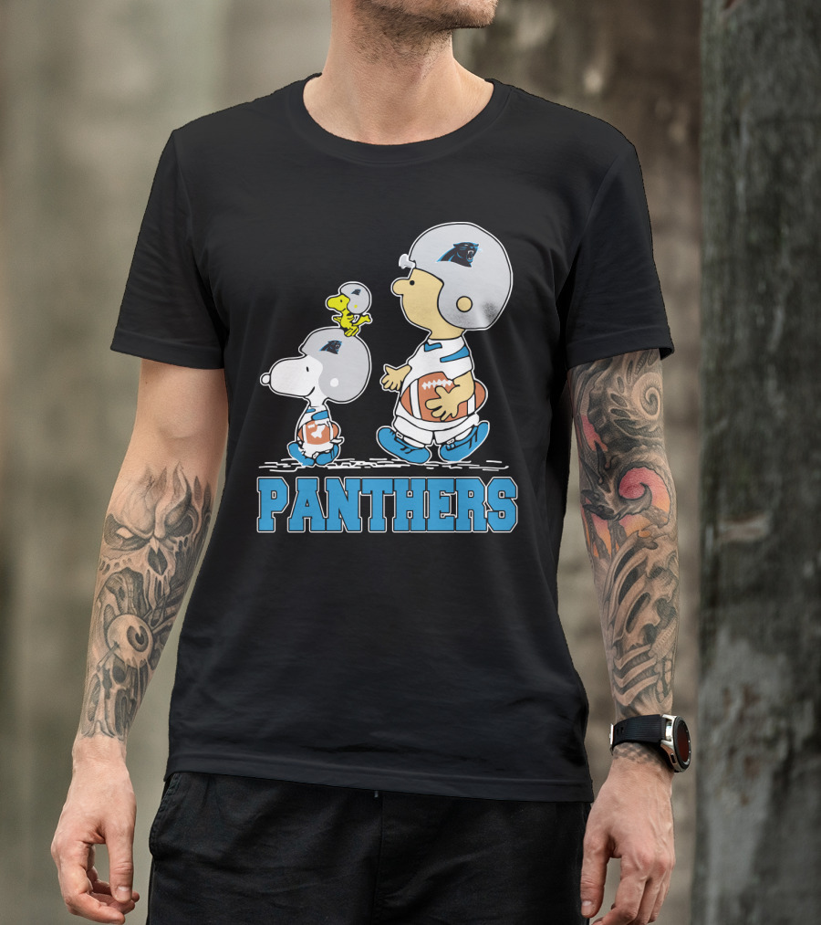 Snoopy And Woodstock With Carolina Panthers Football Helmets T-Shirt