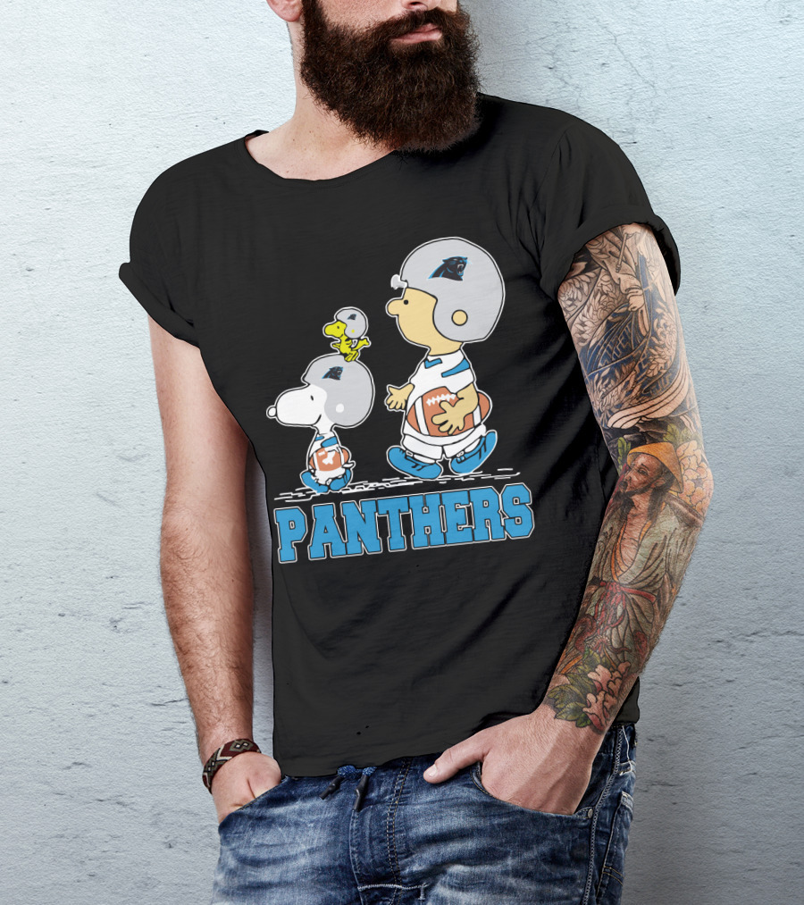Snoopy And Woodstock With Carolina Panthers Football Helmets T-Shirt