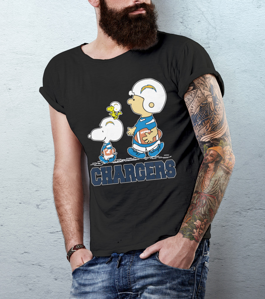 Snoopy And Woodstock With Los Angeles Chargers Football Helmets And Jersey T-Shirt