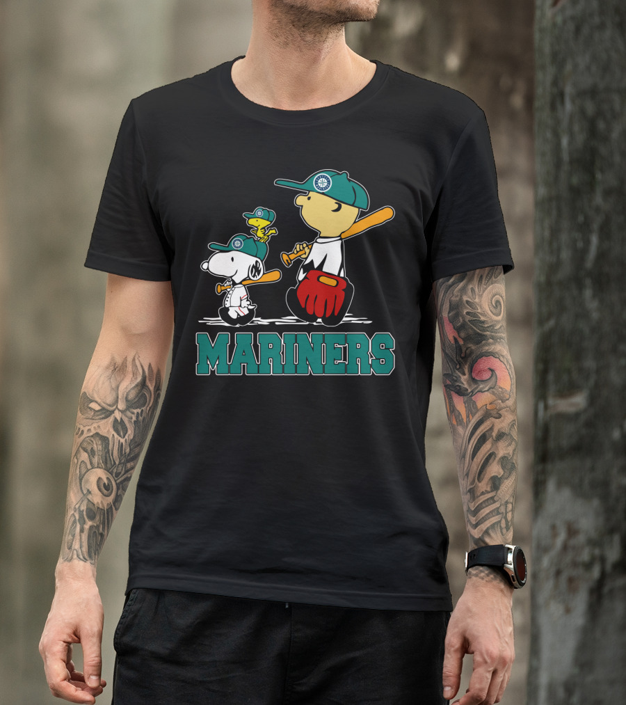 Snoopy Woodstock And Seattle Mariners Peanuts Baseball T-Shirt