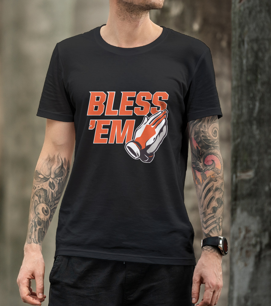 BLESS 'EM Praying Hands In Bold Orange And Black T-Shirt