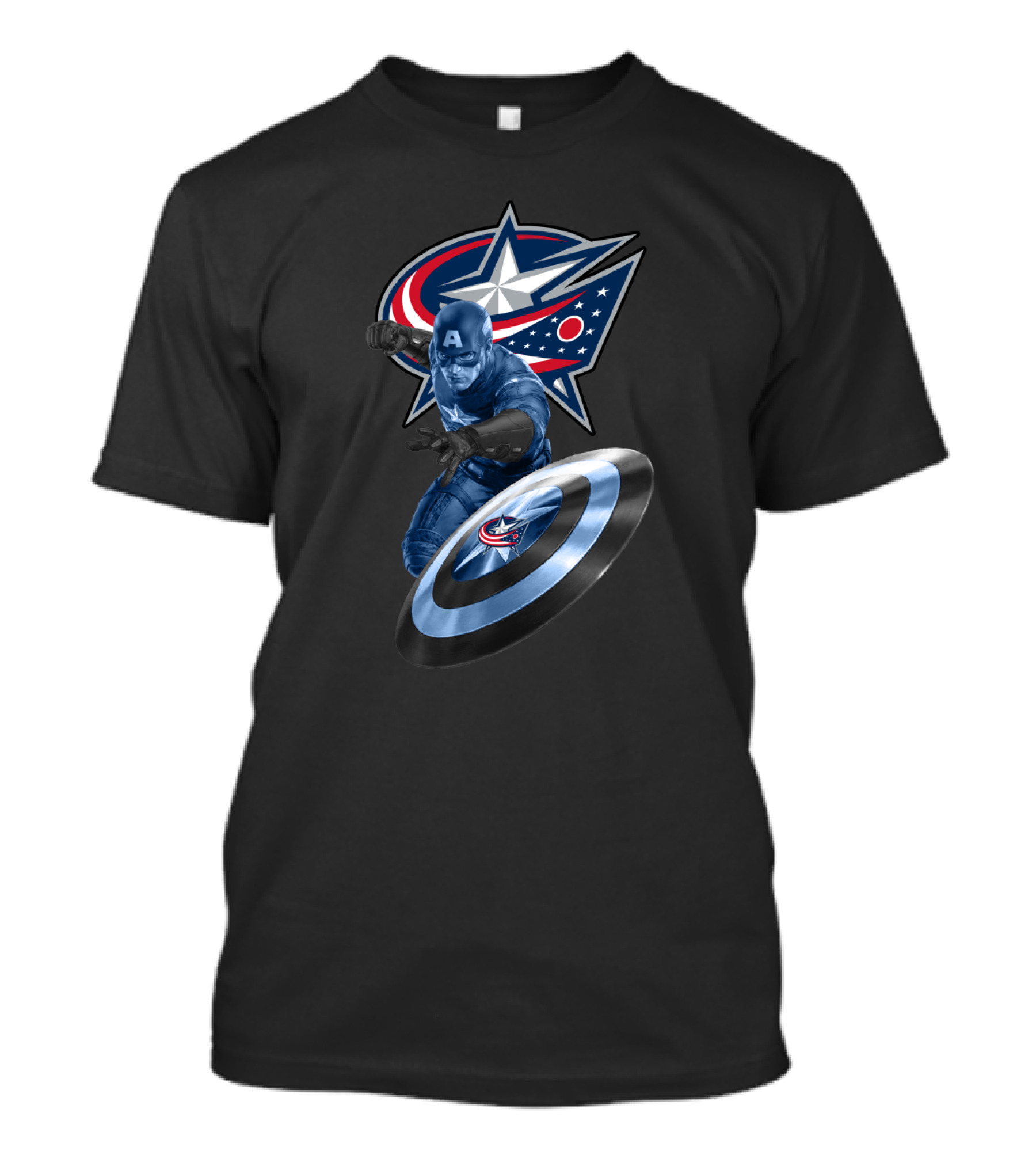 Columbus Blue Jackets Logo With Captain America Shield Iconic Crossover T-Shirt