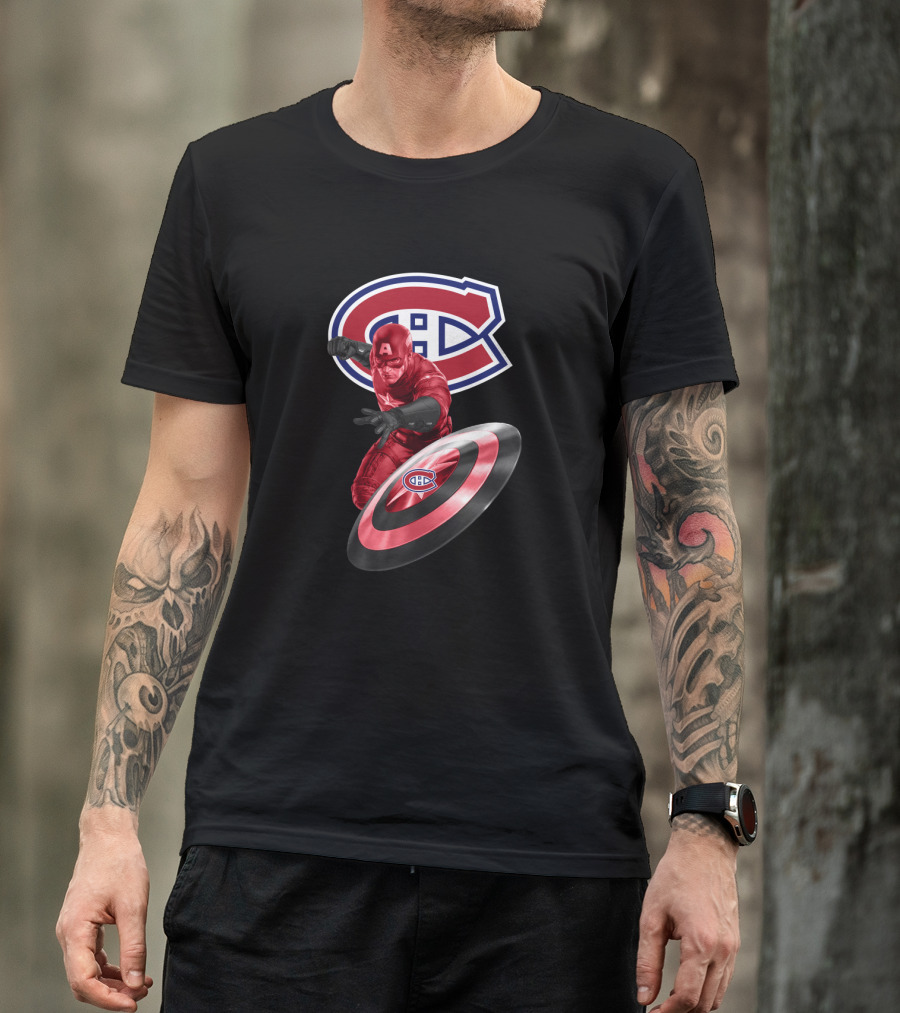 Montreal Canadiens CH Logo With Captain America And Shield Featuring CH T-Shirt