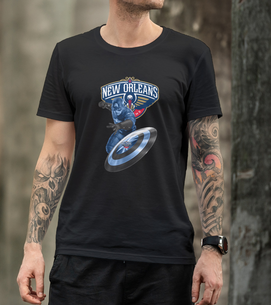 New Orleans Pelicans Captain America Collaboration Iconic Shield Crossover T-Shirt