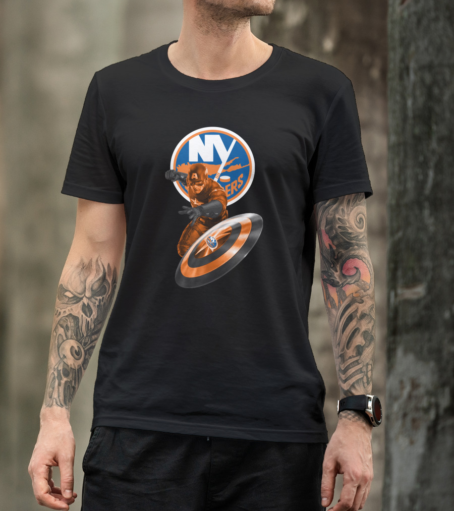 New York Islanders Captain America Collaboration Shield And Logo Graphics T-Shirt