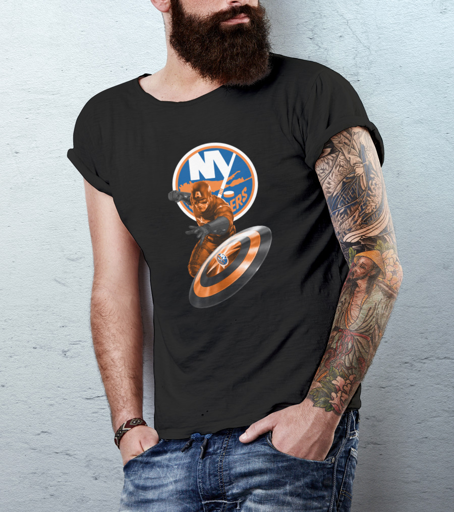 New York Islanders Captain America Collaboration Shield And Logo Graphics T-Shirt