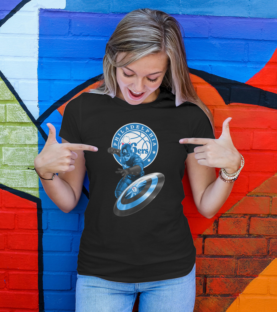 Philadelphia 76ers Basketball Marvel Crossover With Captain America Shield T-Shirt