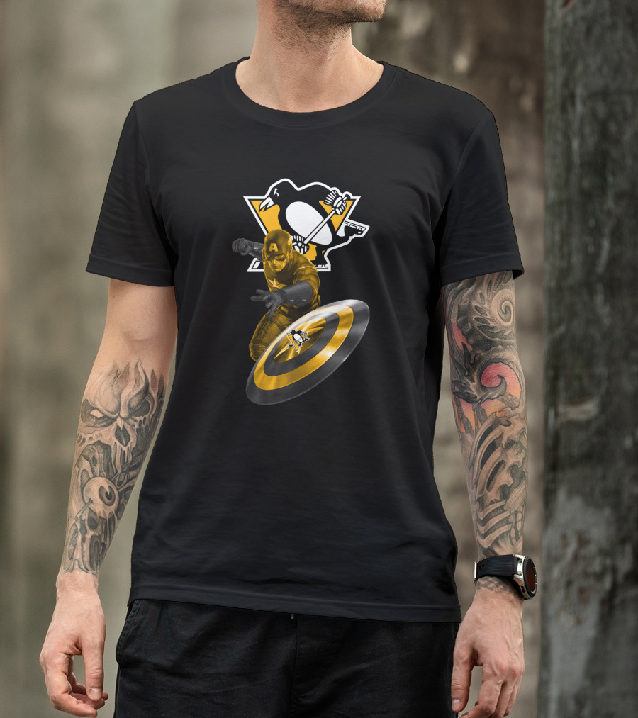 Pittsburgh Penguins Hockey Marvel Captain America Crossover Shield T-Shirt