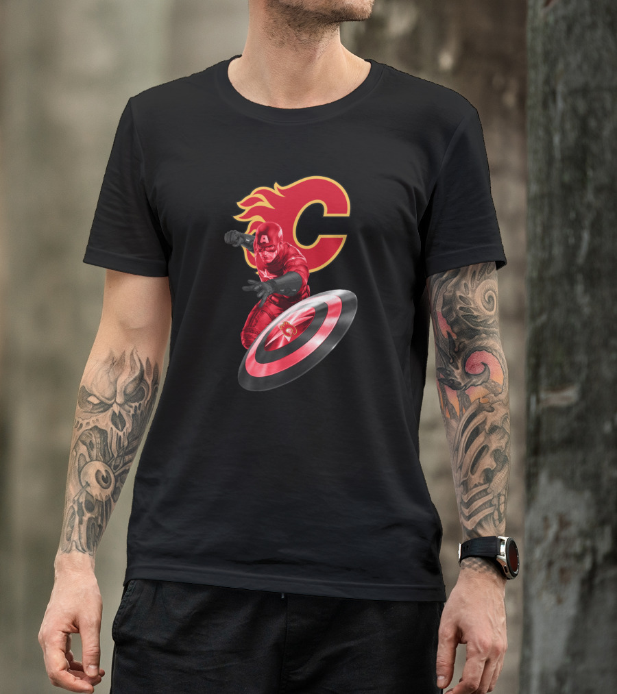 Calgary Flames And Captain America Shield Fusion Marvel Fans T-Shirt