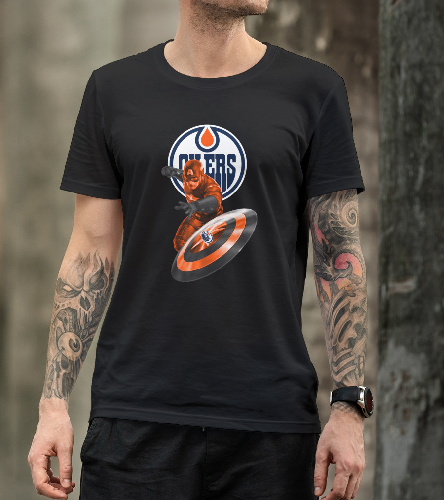 Edmonton Oilers Captain America Crossover With Shield Logo And Dynamic Pose T-Shirt