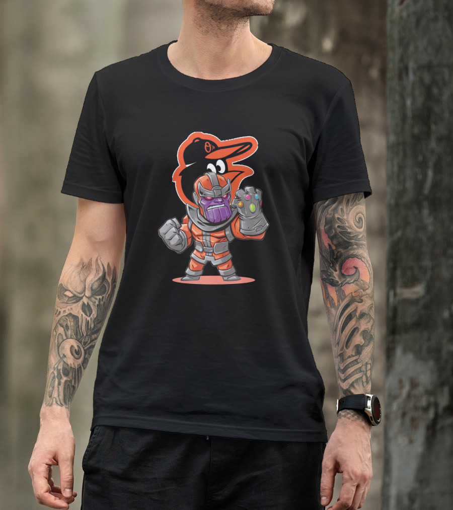 Thanos Cartoon Character In Baltimore Orioles Colors With Infinity Gauntlet T-Shirt
