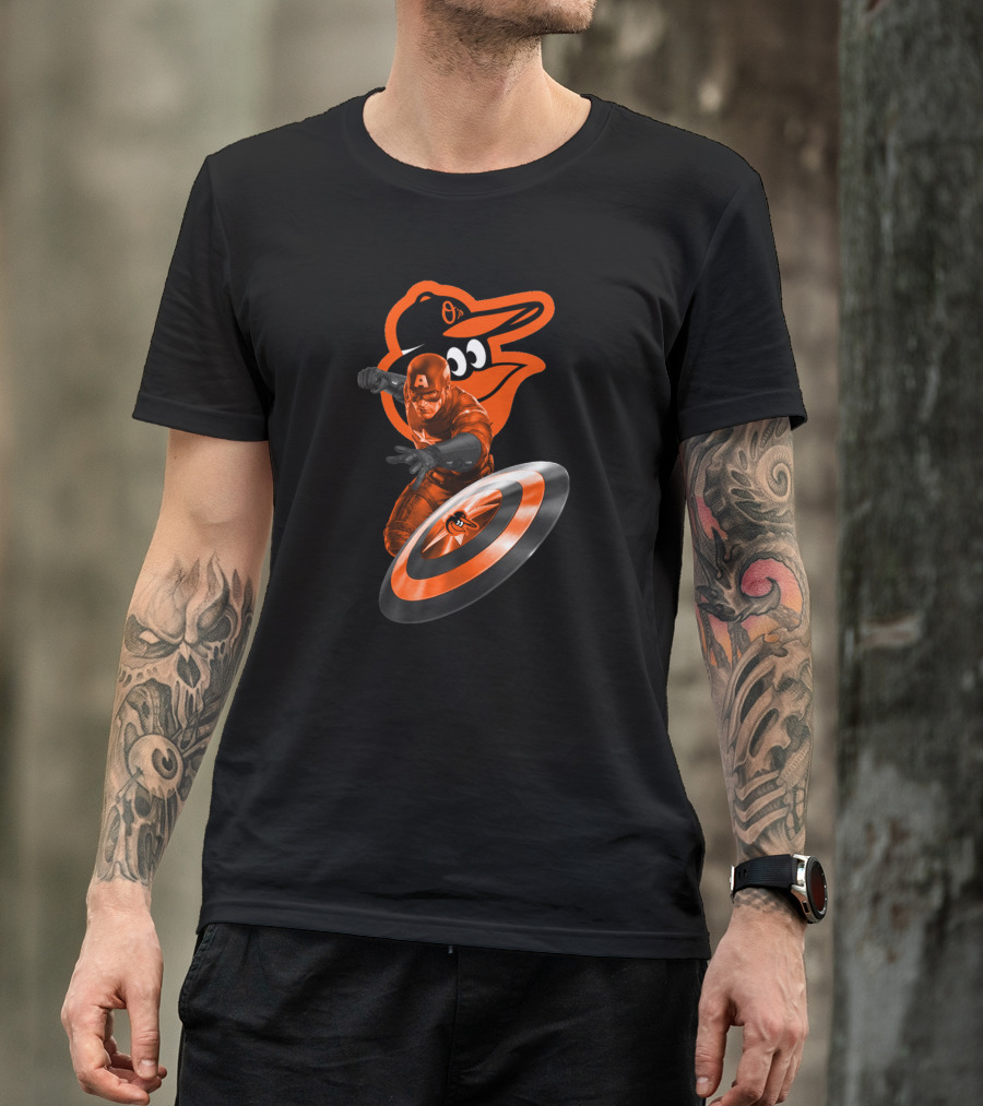 Baltimore Orioles Captain America Crossover Shield Logo Collaboration T-Shirt