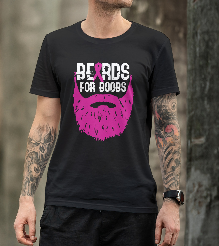 Beards For Boobs Breast Cancer Awareness Pink Ribbon Beard T-Shirt