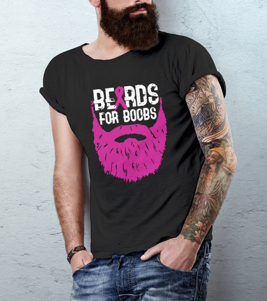 Beards For Boobs Breast Cancer Awareness Pink Ribbon Beard T-Shirt