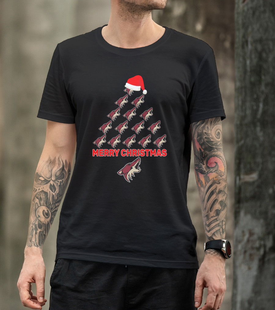 Merry Christmas Arizona Coyotes Logo Tree With Santa Hat T-Shirt