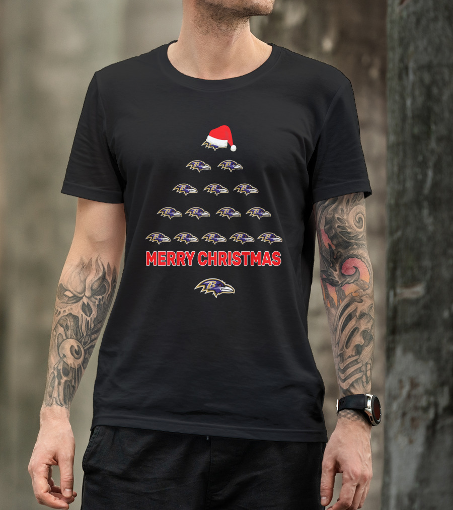 Merry Christmas Baltimore Ravens Santa Hat Tree T-Shirt