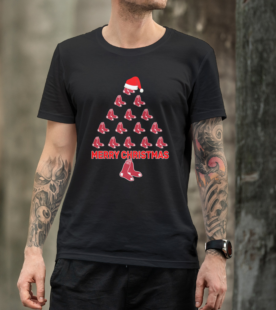 Merry Christmas Red Sox Fans Christmas Tree With Santa Hat T-Shirt