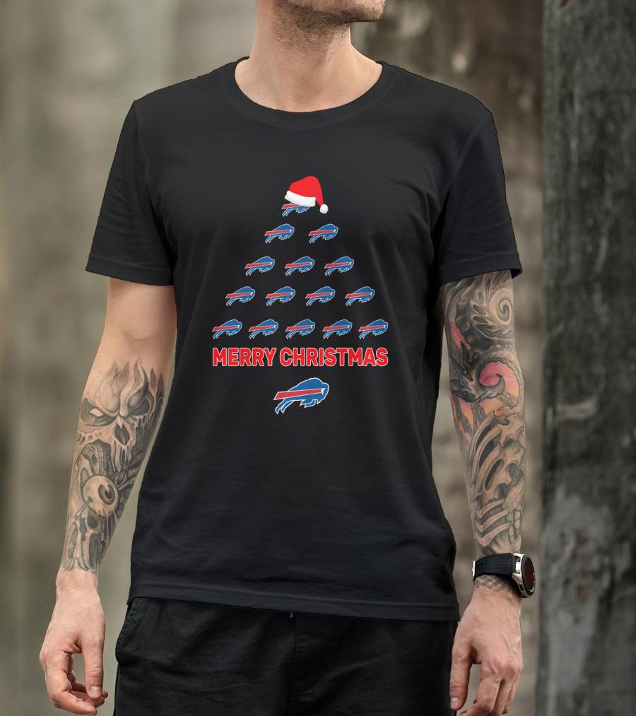 Buffalo Bills Merry Christmas Tree With Santa Hat Formation T-Shirt