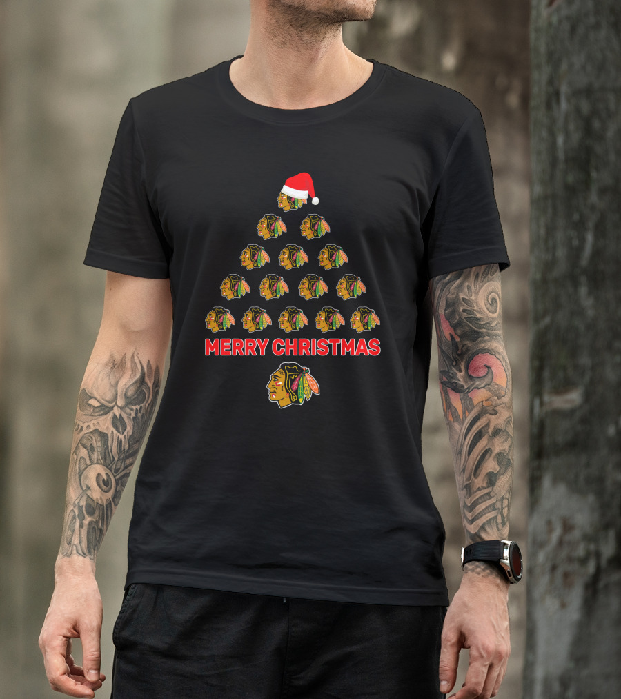 Merry Christmas Tree With Chicago Blackhawks Logos And Santa Hat T-Shirt