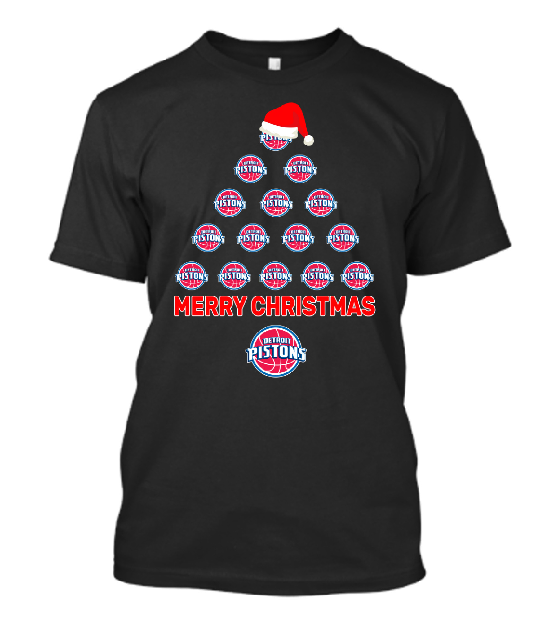 Merry Christmas Detroit Pistons Basketball Tree With Santa Hat T-Shirt