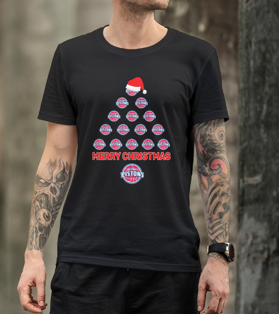 Merry Christmas Detroit Pistons Basketball Tree With Santa Hat T-Shirt