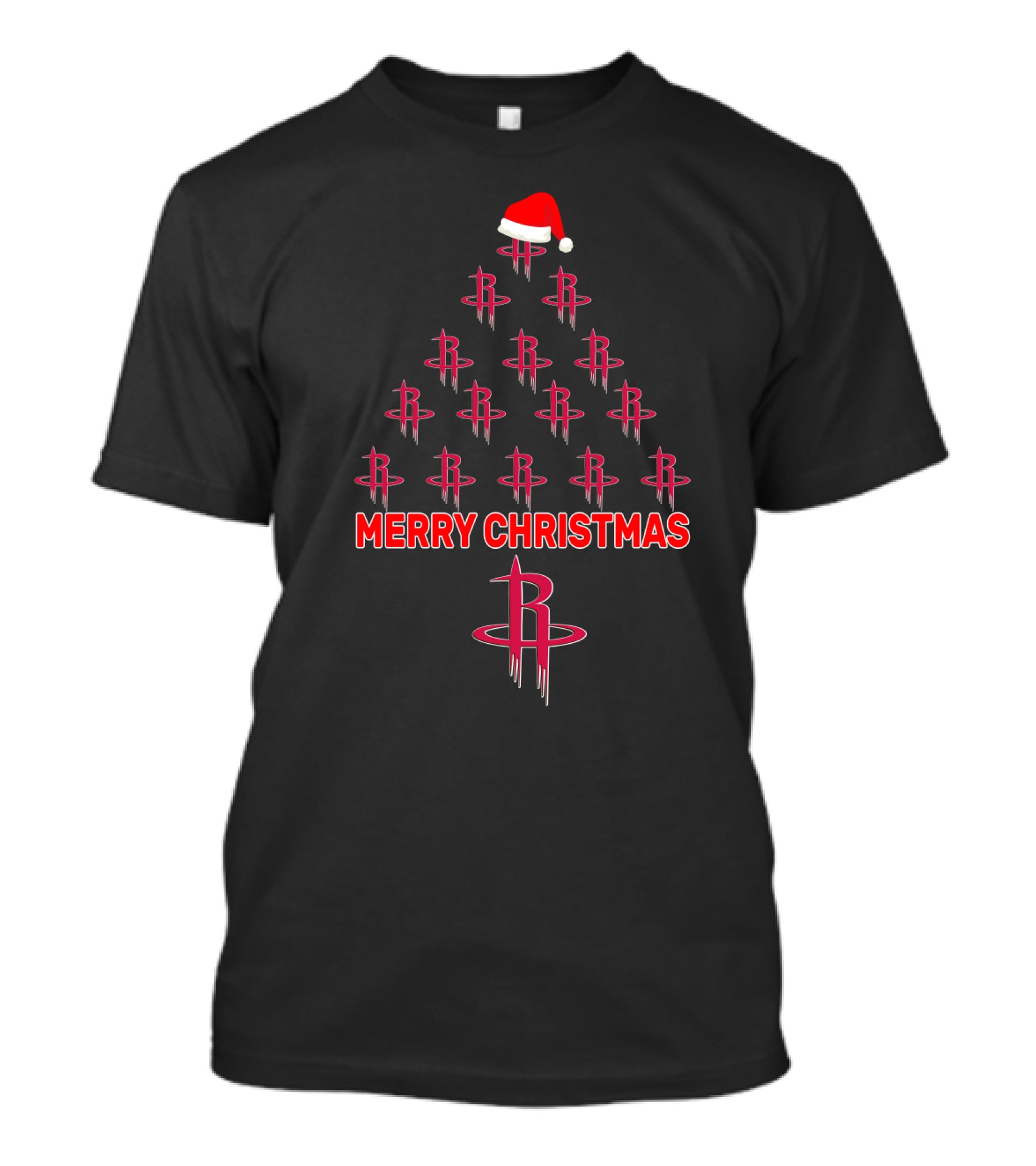 Merry Christmas Houston Rockets Tree With Santa Hat T-Shirt