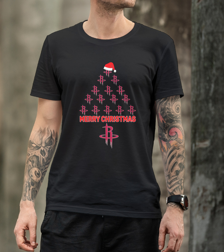 Merry Christmas Houston Rockets Tree With Santa Hat T-Shirt