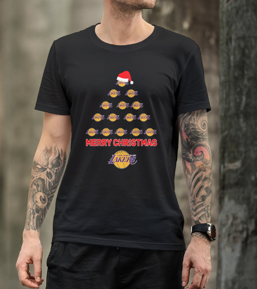 Merry Christmas Los Angeles Lakers Tree Santa Hat T-Shirt