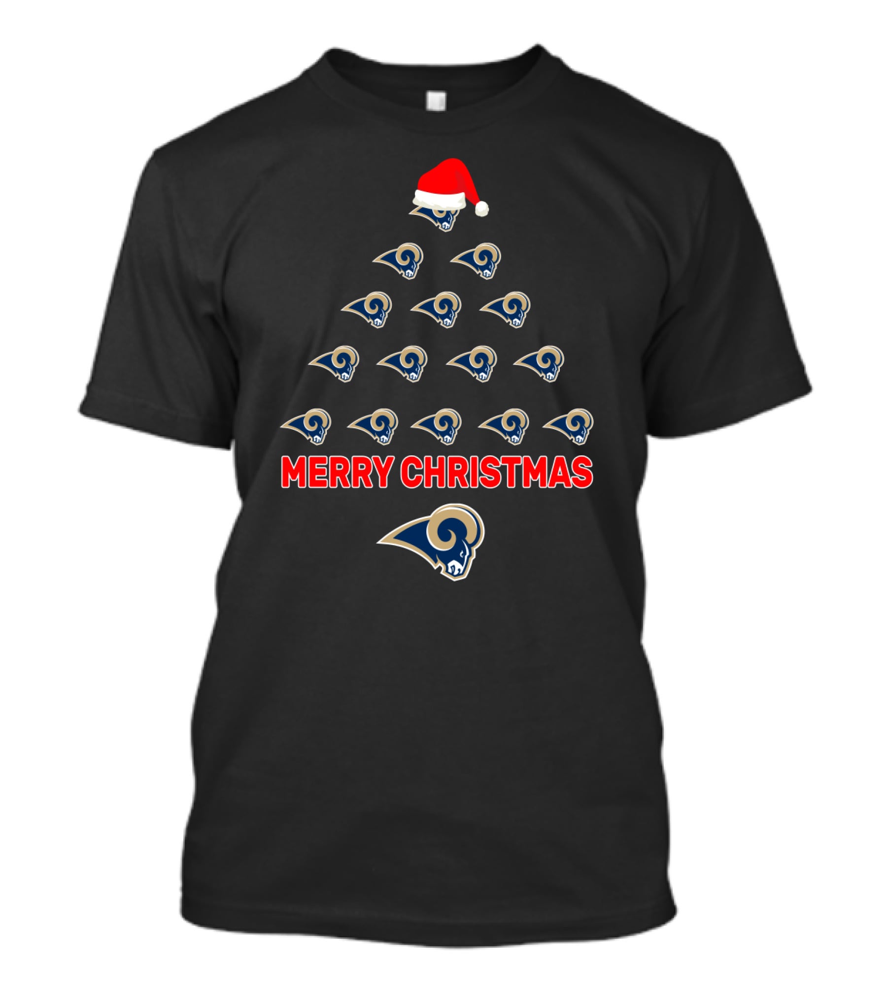 Merry Christmas Los Angeles Rams Holiday Tree With Santa Hat T-Shirt