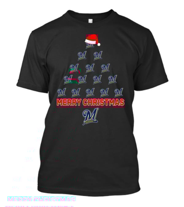 Milwaukee Brewers Merry Christmas Tree With Santa Hat T-Shirt