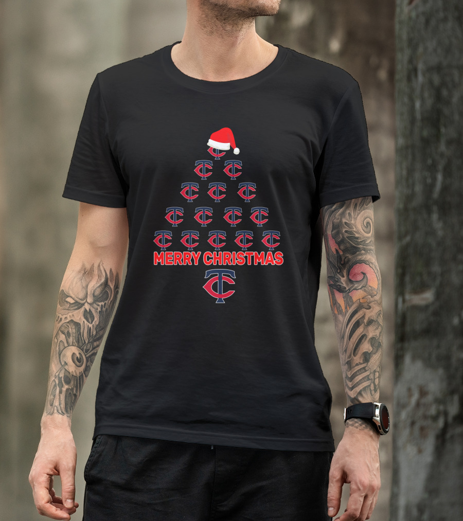 Merry Christmas Minnesota Twins Logo Tree Santa Hat T-Shirt