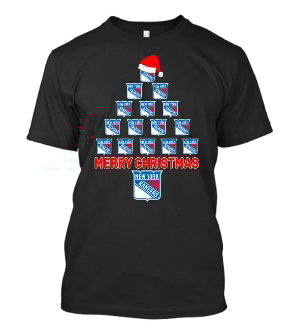 Merry Christmas New York Rangers Tree With Santa Hat T-Shirt