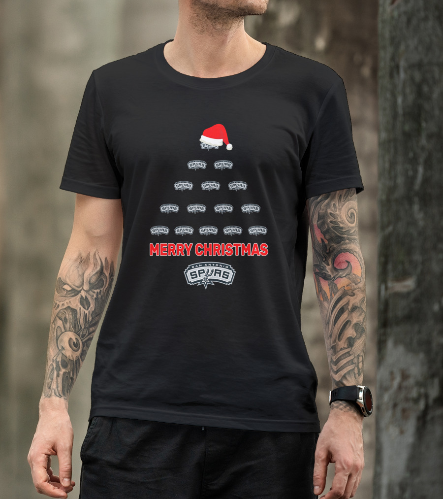 San Antonio Spurs Merry Christmas Tree With Santa Hat T-Shirt