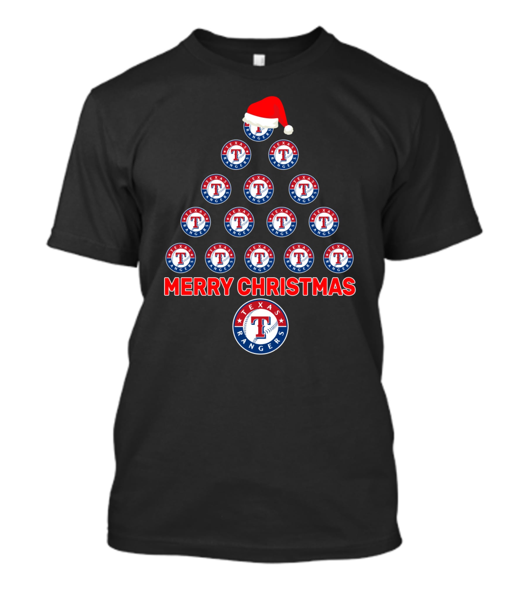 Texas Rangers Merry Christmas Tree With Santa Hat T-Shirt