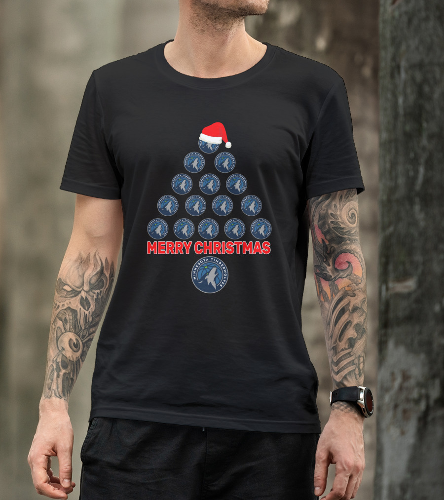 Merry Christmas Minnesota Timberwolves Tree With Santa Hat T-Shirt