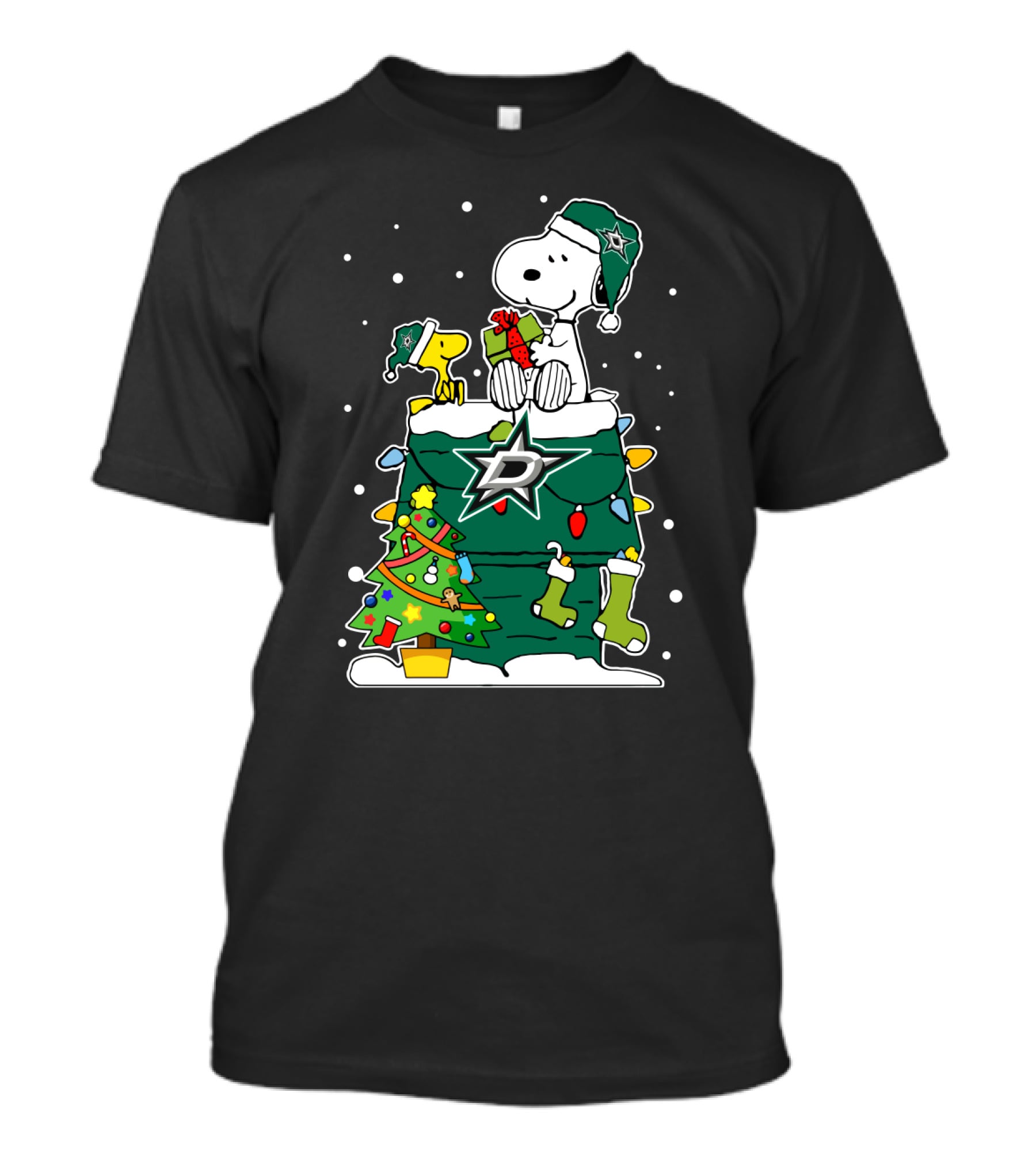 Dallas Stars Christmas With Snoopy And Woodstock Holiday Scene T-Shirt