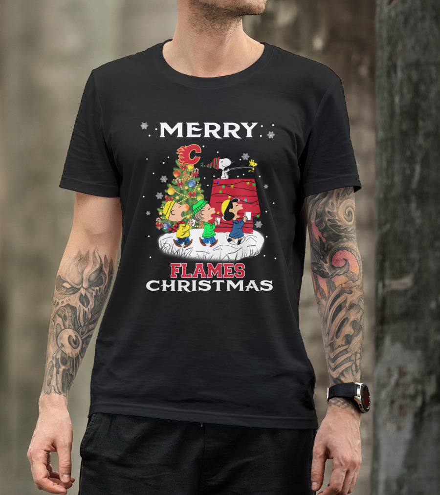 Merry Calgary Flames Christmas Snoopy Peanuts Tree T-Shirt
