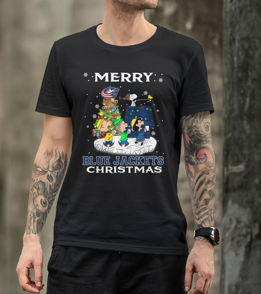 Merry Blue Jackets Christmas Snoopy With Tree And Characters T-Shirt