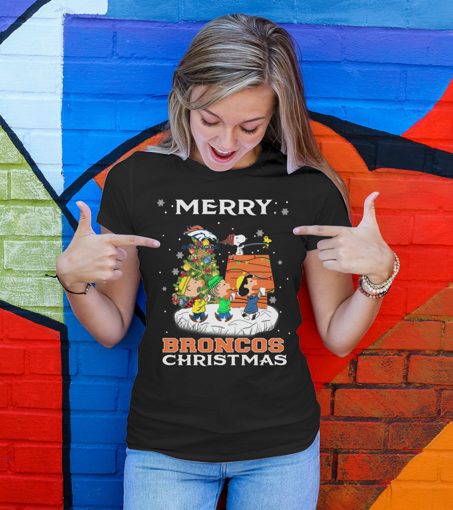 Merry Broncos Christmas Snoopy Fans Denver Christmas Tree Peanuts T-Shirt