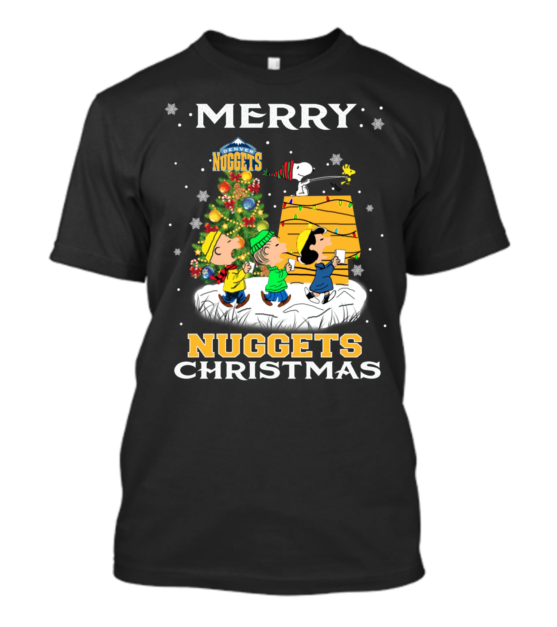 Merry Denver Nuggets Christmas Peanuts Characters And Snoopy Decorate Tree T-Shirt
