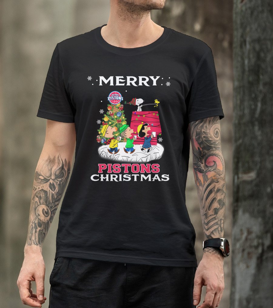 Pistons Christmas Featuring Snoopy And Friends Detroit Pistons Holiday Celebration T-Shirt