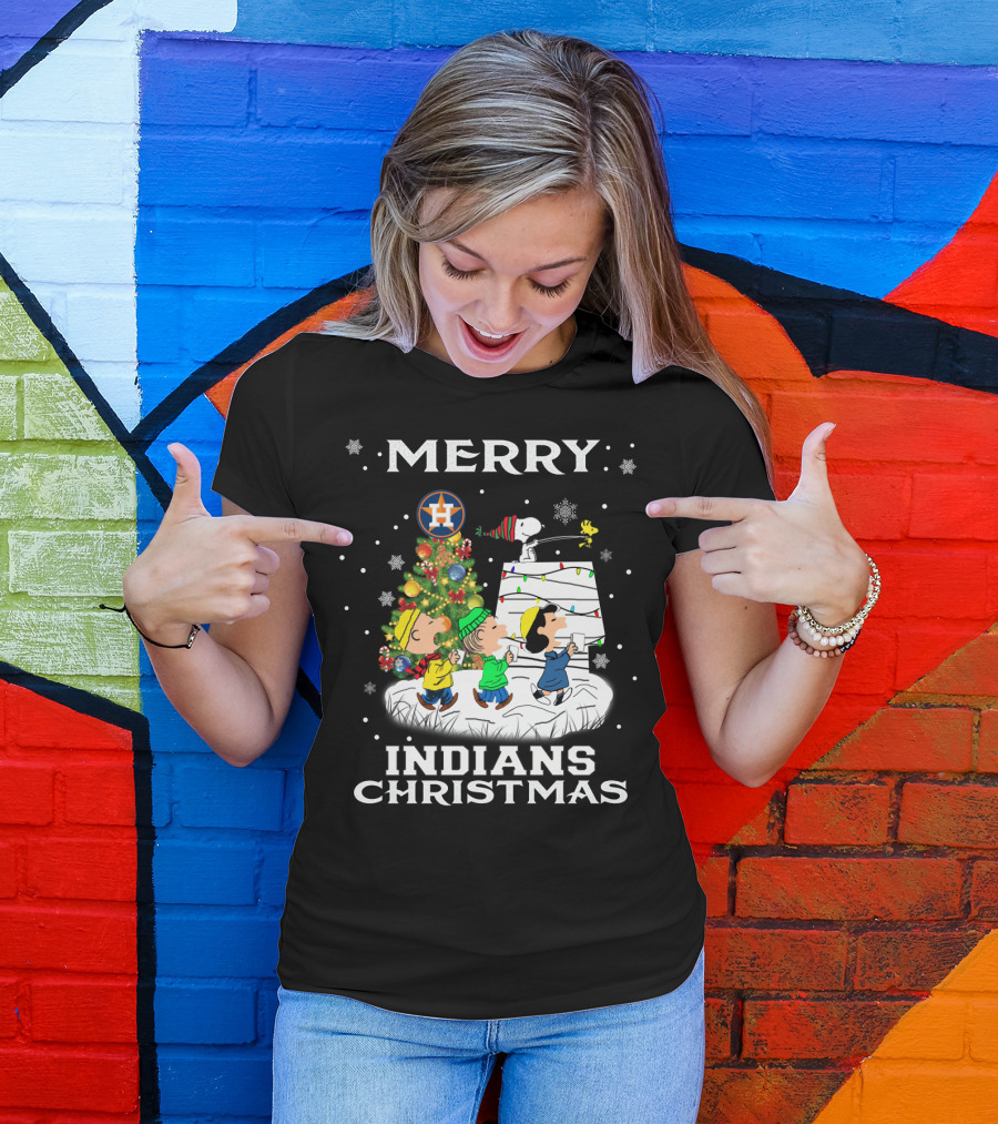 Merry Houston Astros Indians Christmas For Snoopy Fans T-Shirt