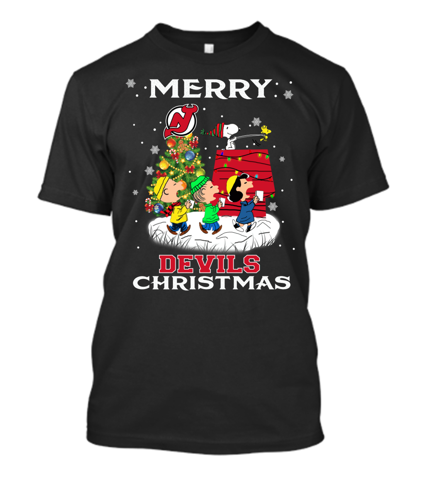 Merry New Jersey Devils Christmas With Snoopy And Friends T-Shirt