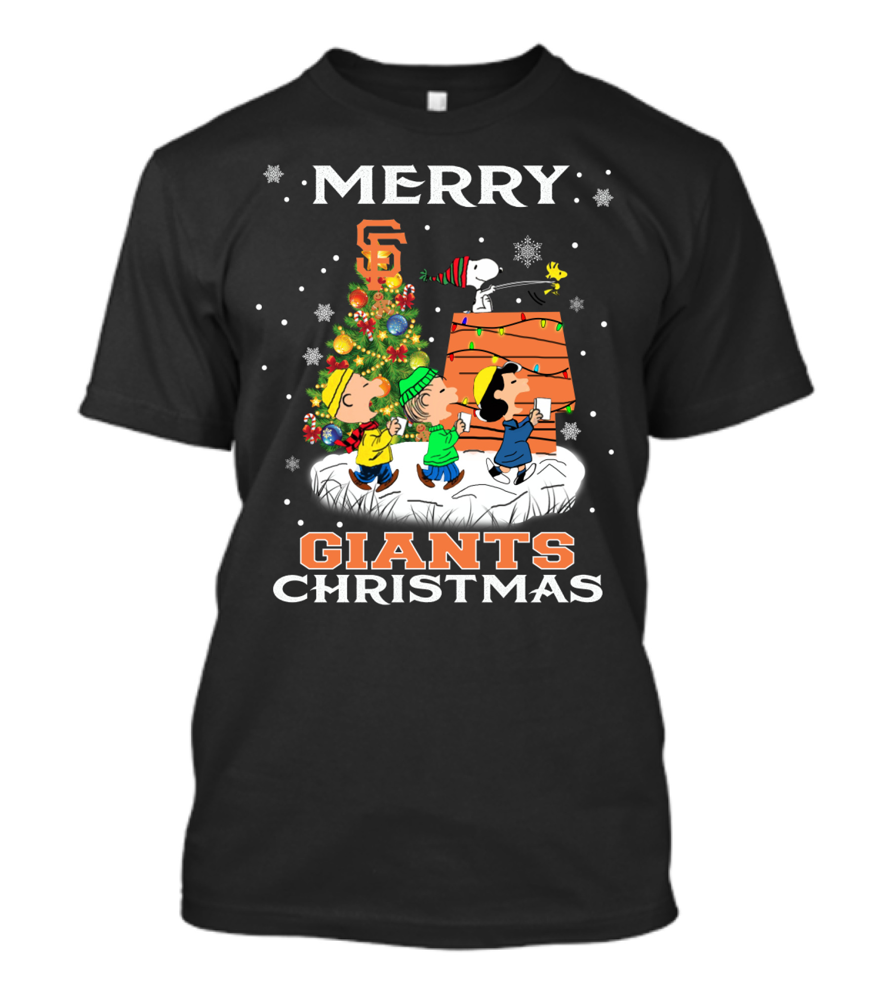 Merry San Francisco Giants Christmas Snoopy Woodstock Peanuts Tree Snowflakes T-Shirt
