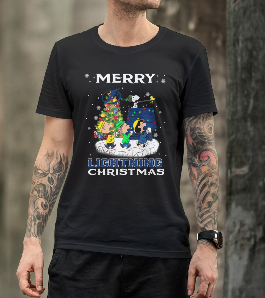 Merry Tampa Bay Lightning Christmas Snoopy Peanuts Holiday Tree T-Shirt