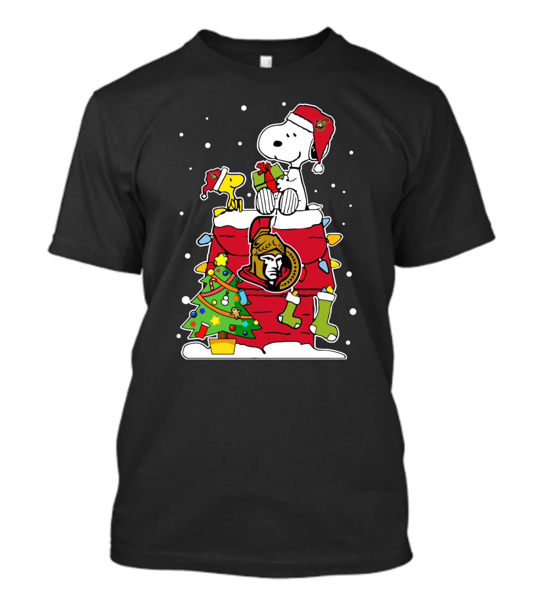 Snoopy Ottawa Senators Christmas Theme With Woodstock And Christmas Tree T-Shirt