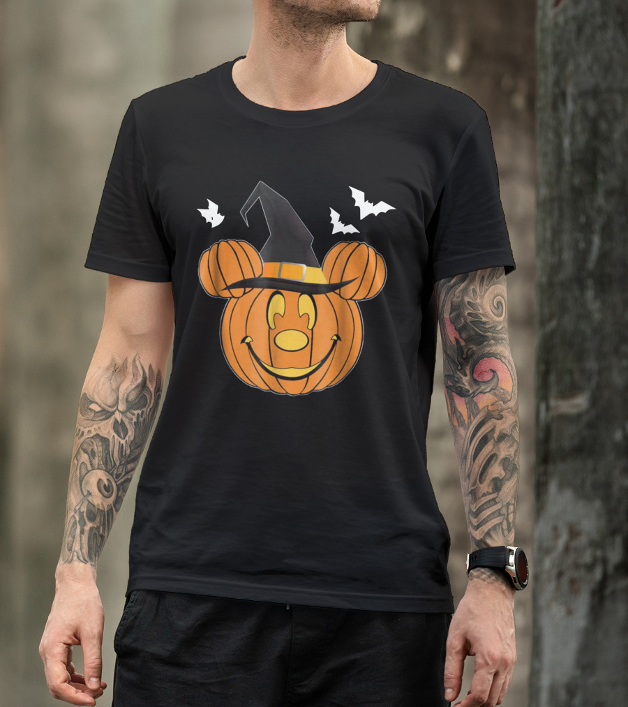 Disney Mickey Mouse Halloween Pumpkin Witch Hat And Bats T-Shirt