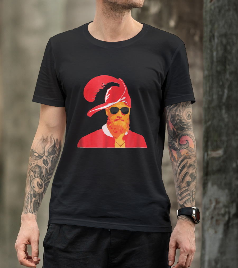 Fitzmagic Pirate Santa With Sunglasses Iconic Beard Red Feather Hat T-Shirt