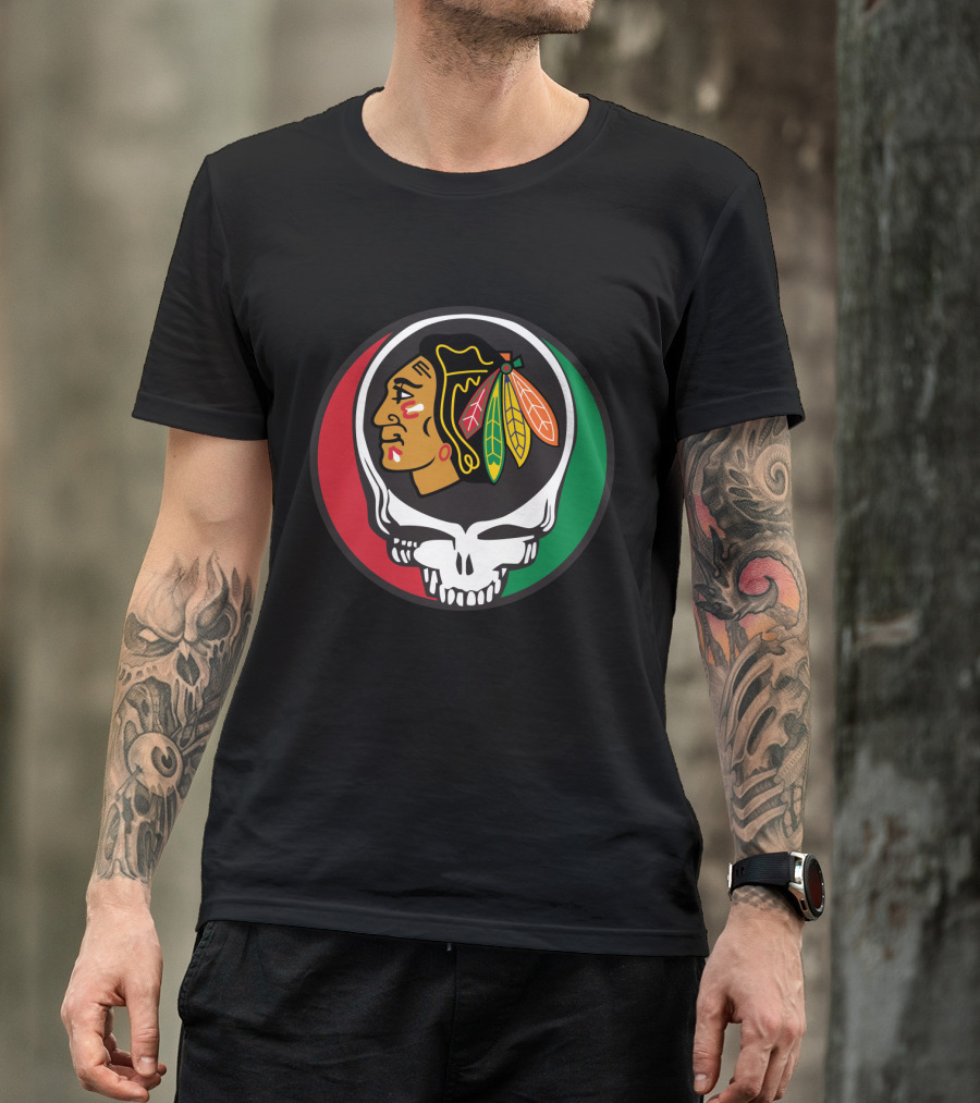 Grateful Dead Skull Chicago Blackhawks Logo Fusion For Fans T-Shirt